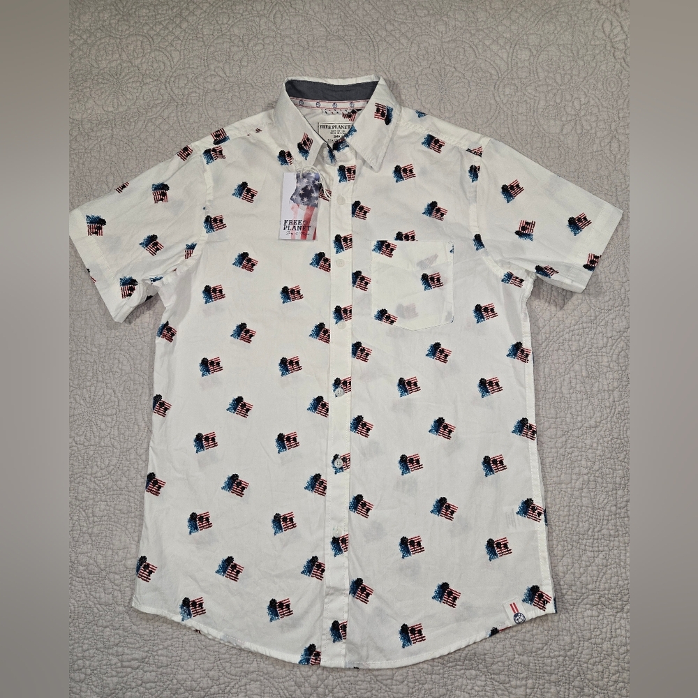 Free Planet White and Blue Casual Button Down Shirt 100% Cotton Size S
